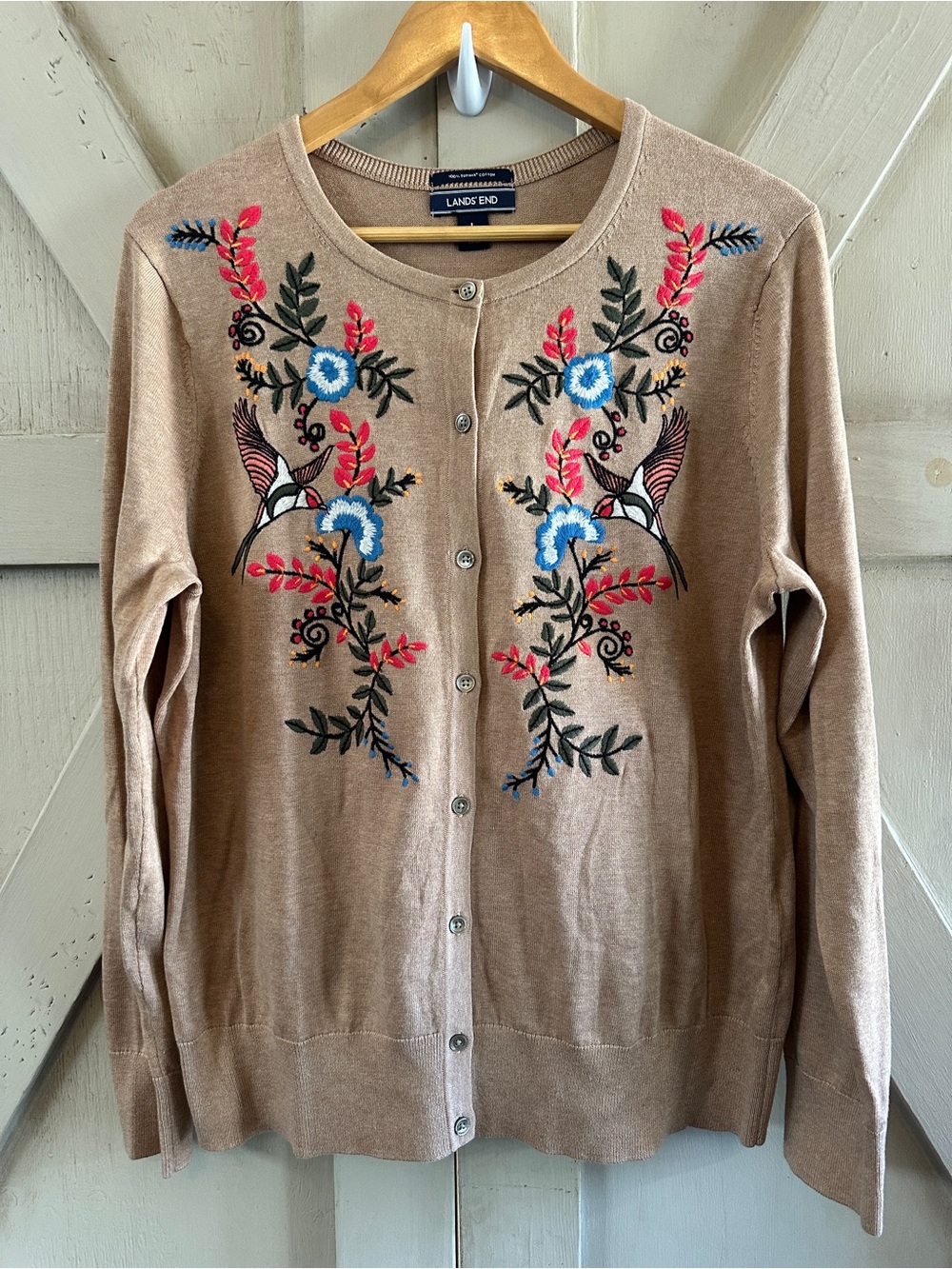 Lands’ End Embroidered Bird Floral Cardigan Sweater Tan Supima Cotton Size L